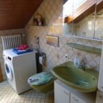 geräumiges Badezimmer mit Waschbecken, Dusche, Badewanne und Waschmaschine